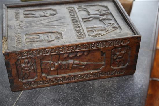 A 16th century style German carved fruitwood bible box, 15.5 x 10.5 x 6in.